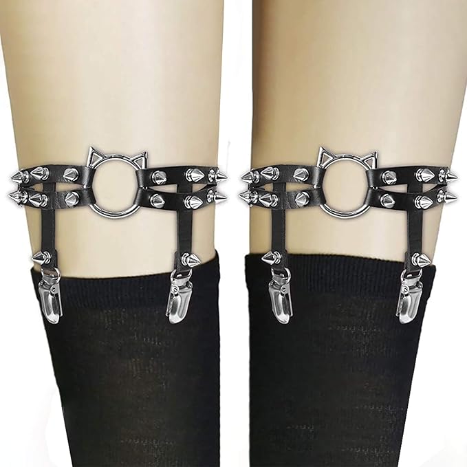 2pcs Adjustable Cat Leg Garter with Anti-Slip Clips, Elastic Punk Gothic Thigh Garter for Women and Ladies, 2 Pcs Black