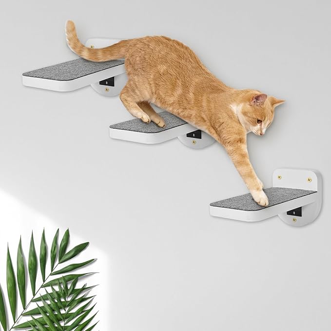Set of 3 Natural Wood Cat Steps for Wall -Wall Mounted Cat Stairs Shelves, Cat Climbing Ladder, Cat Shelf and Perches for Wall - Holds up 30lbs