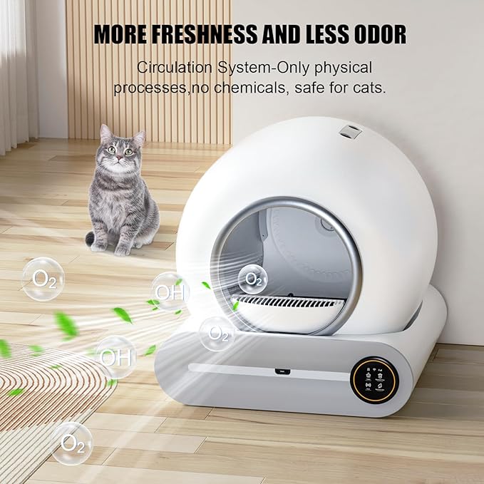 Automatic Cat Litter Box, 65L/9L Large Self Cleaning Cat Litter Box for Multiple Cats, White Cat Litter Box with Remote App Control via WiFi Connection, Quality Scooping-Free Cat Accessories