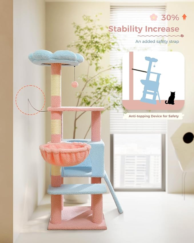 Flower Cat Tree 47.2" Multi-Level Cat Tower with Sisal Covered Scratching Posts, Cute Cat Condo for Indoor Small Medium Cats, Pink Top Perch, Ramp, Fluffy Ball, Blue
