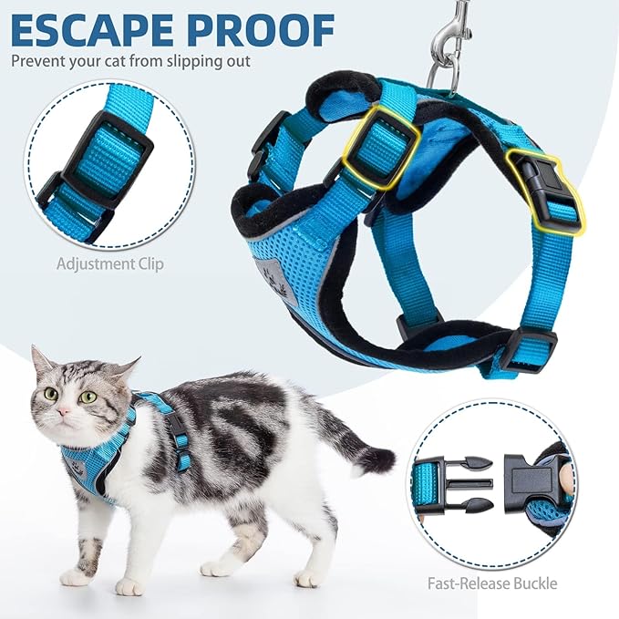 PUPTECK Cat Harness and Leash Set Escape Proof Reflective Cat Walking Harness Adjustable Soft Breathable Mesh Vest for Small Pets, Blue, S