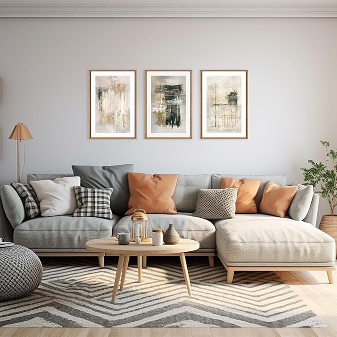 Ausril Modern Abstract Framed Canvas Wall Art Set, Neutral Beige Shape Wall Decor, Black and White Block Wall Painting, Minimalist Paint Stroke Art Print for Living Room, Bedroom, Office 16"x24"x3