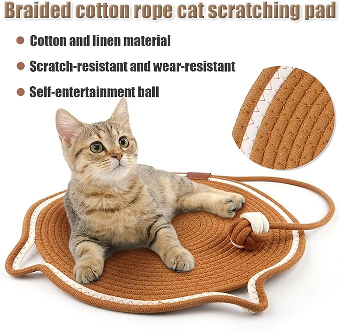 Celery Pets Dual Scratching Pad,Natural Cotton Rope Cat Scratching Pad Mat,Hand-Woven Without Debris Scratching Pads,Pets Dual Scratching Pad with Cat Toy(Caramel,17in)