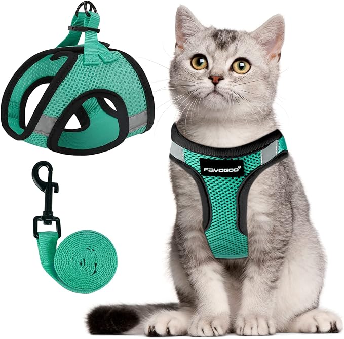 FAYOGOO Cat Harness and Leash Set for Walking Escape Proof, Kitten Harness and Leash Adjustable, Small Large Cat Walking Harness and Leash, Lightweight Soft Vest Harness and Leash (Large, Green)