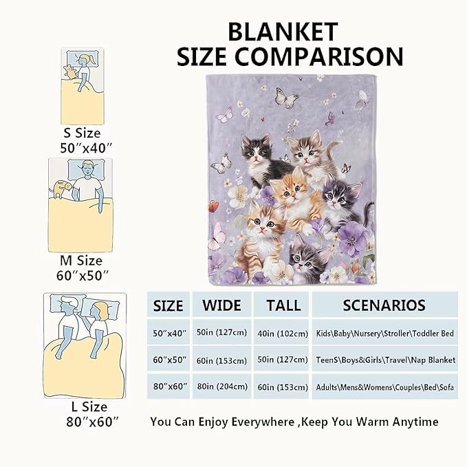 Adorable Kitten Blanket Cute Cat and Butterfly on Lavender Throw Blankets Gifts for Girls Women Adults Lightweight Soft Fleece Cozy for Sofa Couch Bed Room Travel Birthday Decor 50x60in
