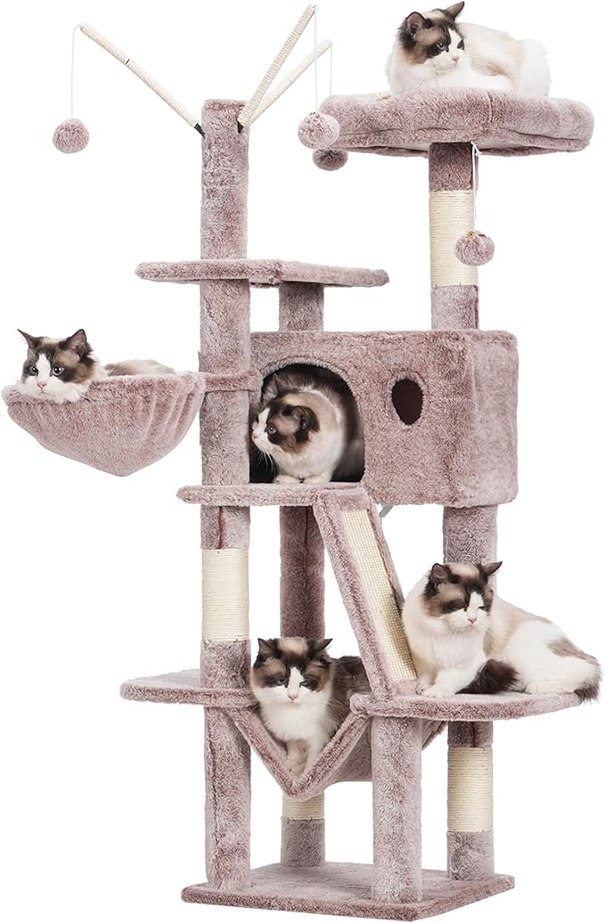 Hey-brother Cat Tree, 53 inch Cat Tower for Indoor Cats, Cat House with Padded Platform Bed, Toy Balls, Large Cozy Condo, Hammocks and Sisal Scratching Posts, Muchroom MPJ019-SMU