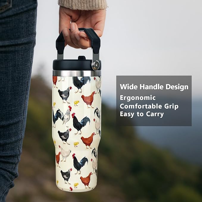30oz Chicken Tumbler with Handle and Straw, Stainless Steel Vacuum Insulated Flip Straw 30 oz Coffee Rooster Tumbler, Spill Proof Travel Mug, Chicken Decor Gifts for Women