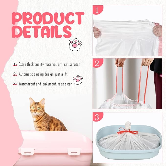 80 Count Cat Litter Box Liners 31 x 18 Inch Large Drawstring Kitty Litter Box Bag Thick Pet Pan Liners Cat Waste Litter Bags Thick Cat Litter Bags Pet Cat Supplies for Cat Litter Box Tray Trash Waste