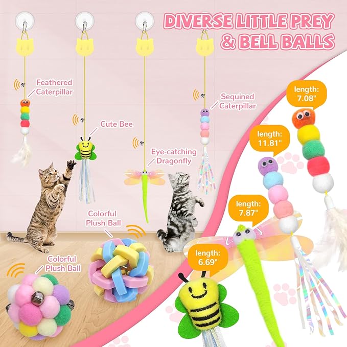 6pcs Door Hanging Cat Toys for Indoor Cats Self Play, Kitten Cat Toys for Bored Indoor Adult Cats, Cute Cat Ball Toy with Bell, Colorful Realistic Bee Dragonfly Caterpillar Interactive Cat Toy