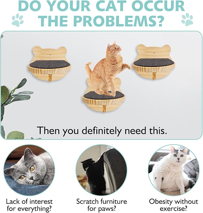 kathson 6 Pcs Cat Shelves for Wall Cat Wall Mounted Shelves Cat Wall Steps Wood Cat Climbing Shelves Cat Stairs with Non Slip Felt Cat Ladder Cat Wall Furniture for Springboard Playing (Bear Shape)