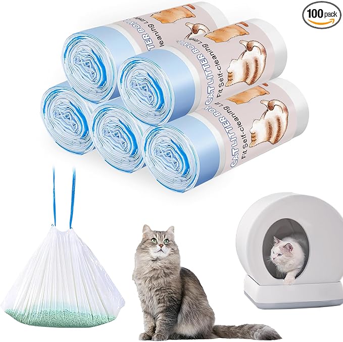 100 Count Self-Cleaning Cat Litter Box Liners Compatible With MW-SC01/MW-SC02/MW-LR01 Automatic Cat Litter Box, Drawstring Heavy Duty Cat Litter Receptacles Bags Replacement Trash Bag -18" x 12.6"