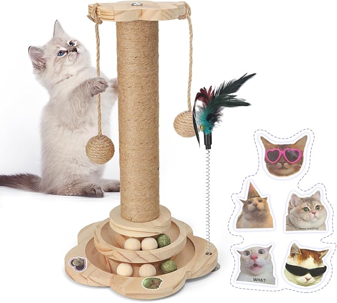 Cat Scratching Post Cat Toys for Indoor Cats 4 in 1 Wooden Ball Cardboard 2 Level with Cat Track Dangling Balls Cat Natural Sisal Scratching Bed Pad Cat Tree Feather Toy for Kittens Adult Cats