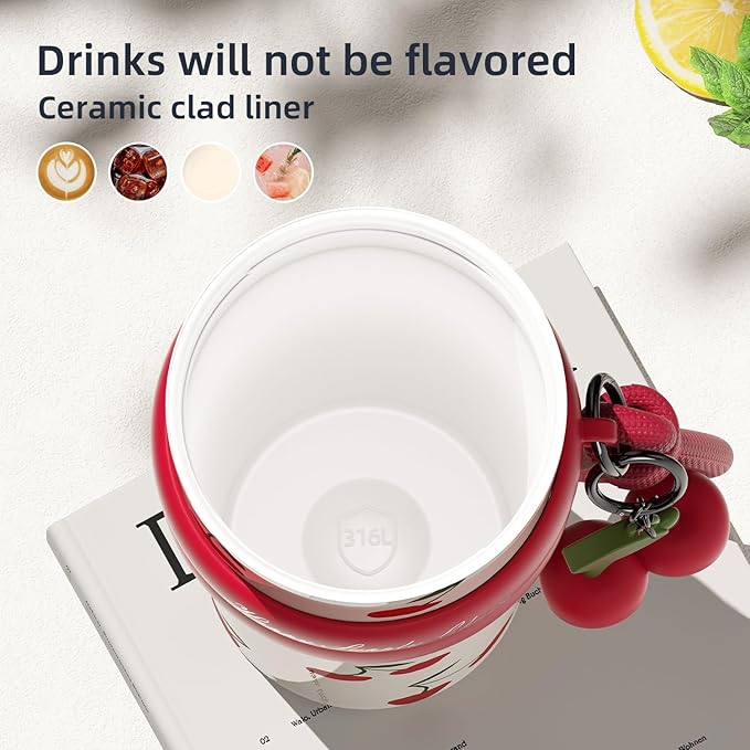 24 OZ Stainless Steel Tumbler with Lid and Straw, Sidagar Insulated Water Bottle Leak Proof for Hot and Cold, Portable Iced Travel Coffee Mug, Reusable Thermal Coffee Cup For Women Women, Cherry