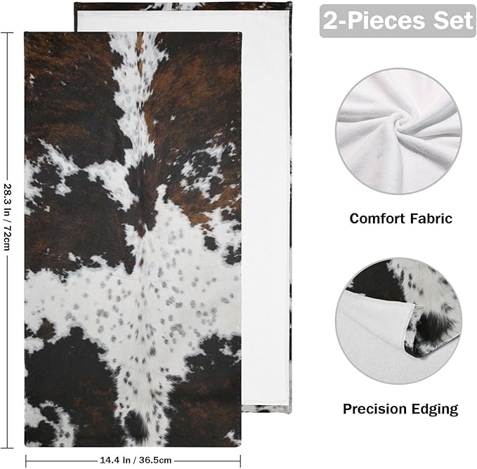2 Pack Cow Fur Hand Towels for Bathroom,Soft Absorbent White Black Brown Cow Print Country Farmhouse Bath Hand Towels for Kitchen,Decorative Guest Bathroom Towels for Face,Shower,Gym 14"x28"