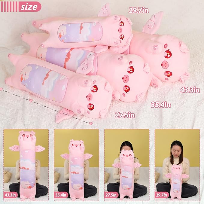 AIXINI Long Pig Plush Pillow Cute Angel Pink Pig Stuffed Animals, Soft Kawaii Piggy Plushies Pillow Toy for Kids (Angel Pig,27.5inch)