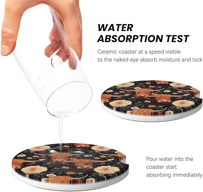 Absorbent Ceramic Car Coasters for Cup Holders, Yak Highland Cow Flower Design 2.56" Anti Slip Universal Drink Cup Coasters for Women Men (2 Pack)