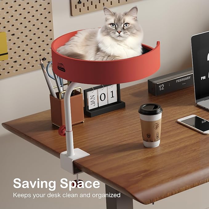 Cat Bed Desk Nest with Teaser,Easy Installation Shelf,Sturdy Frame,Removable Cushioned Cushion, Space Saving Design,Ideal for Side Table,Home Office,Fits Cats