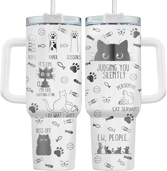34HD Funny Black Cat Tumbler with Handle and Straw, 40oz Double Wall Vacuum Insulated Kitty Mug, Pet Gifts for Women Men, Cat Lover Gifts for Birthday Mothers Day Halloween Christmas