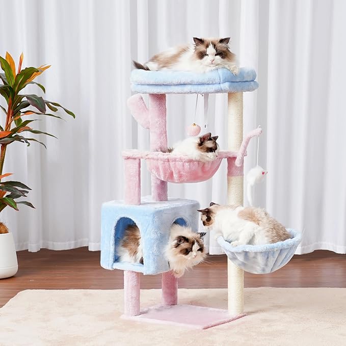 Heybly Cat Tree, 39.4 Inches Tower Condo with Scratching Post, Cat Tower for Indoor Cats, Fully Wrapped Sisal Pole, Soft Platform, 2 Baskets and Dangling Toy, Blue and Pink HCT006SBP