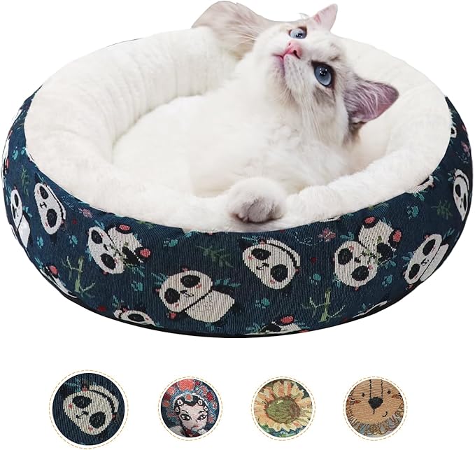 Circular Calming Dog & Cat Bed Anti-Anxiety Plush Dog Bed Washable Pet Bed with Anti Slip Backing Donut Cuddler with Cute Jacquard Patterns for Cat and Small Puppy 20" (X-Small, Panda)