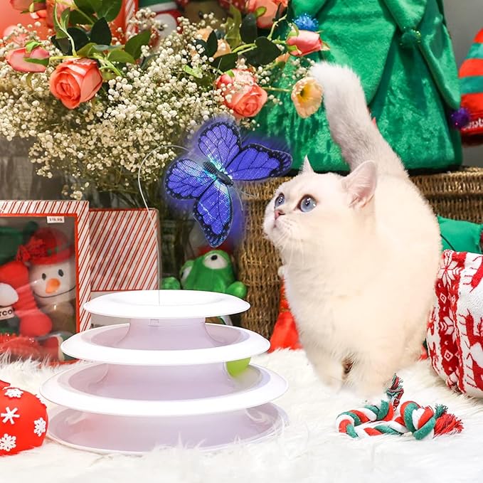 ALL FOR PAWS Interactive Cat Toys Automatic Tower of Butterfly Flutter Bug Cat Enrichment Ball Track Toy Smart Cat Toys with Timer for Indoor Cats