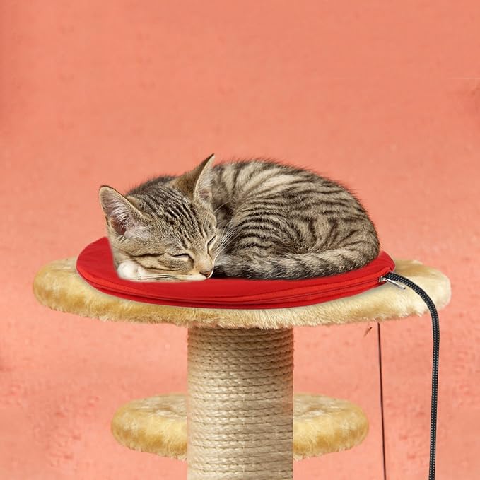 NAMSAN Heating Pad for Cats Small Dogs Heated Dog Bed Round Cat Tree Heating Bed Rabbit Warming Pad, Temperature Adjustable, Chew Resistant Cord, Red