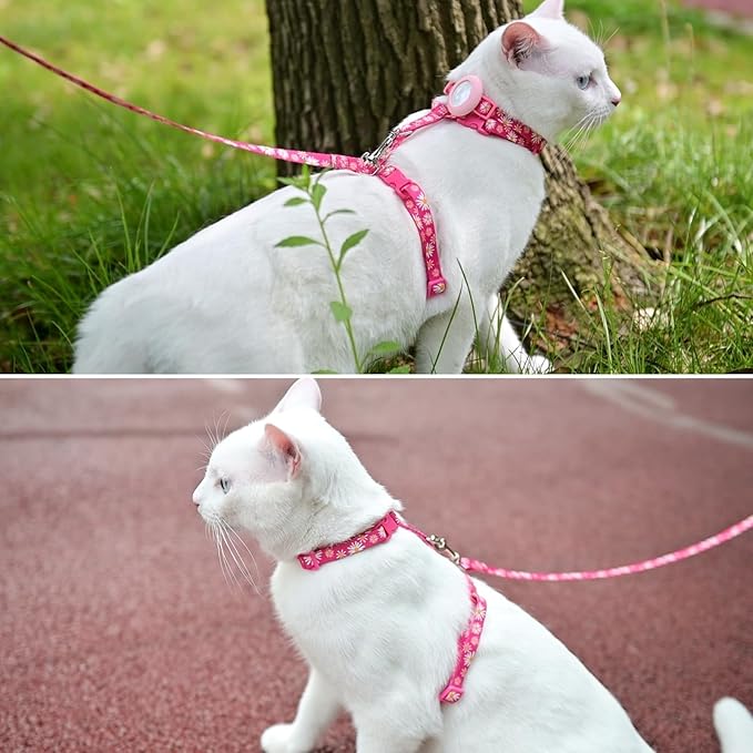 KOOLTAIL Cat Harness and Leash Set Escape Proof with Airtag Holder Collars (3 in 1), Comfortable Lightweight Adjustable Kitten Harness for Small Medium Large Cats Safe Walking & Travel,Pink Daisy