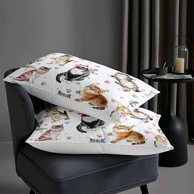 AILONEN Watercolor Cat Print Bedding Set Full Size with Cats and Footprints Comforter Set for Boys Girls, Soft Breathable White Tint Duvet Set 3 Pieces, 1 Quilt and 2 Pillowcases