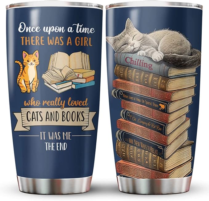 34HD Cat Coffee Tumbler with Lid, 20 oz Stainless Steel Vacuum Insulated Cat Book Travel Mug, Birthday Christmas Mothers Day Gifts for Pet Lovers Women Mom Librarian Her