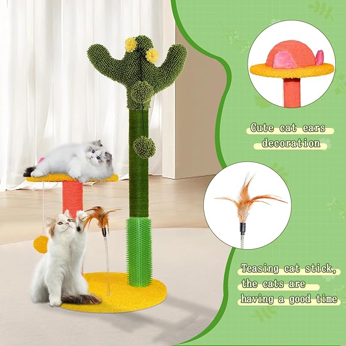 33" Tall Cat Scratching Post, Cactus and Mushroom Combination Cat Scratcher, Cat Toy with Removable Cat Teaser, Cat Scratch Tree Post with 3 Balls