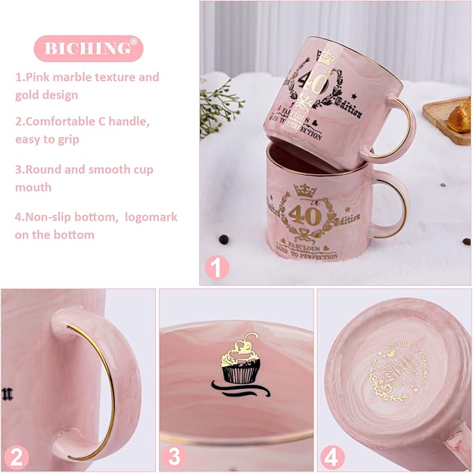 40th Birthday Gifts Women, Unique 40 Year Old Birthday Gifts Idea, Fabulous 40th Limited Edition, 1984 Birthday Gifts for Her Mom Wife Female Friend, 14oz Golden Pattern Mug, Lid, Spoon, Bow Gift Box