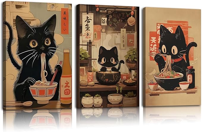 3Pcs Framed Japanese Funny Black Cat Canvas Wall Art Vintage Cat Eating Ramen Posters Prints Edo Period Ramen Cat Pictures Unique Kitchen Painting Dining Wall Decor Animal Lover Gift 12x16in