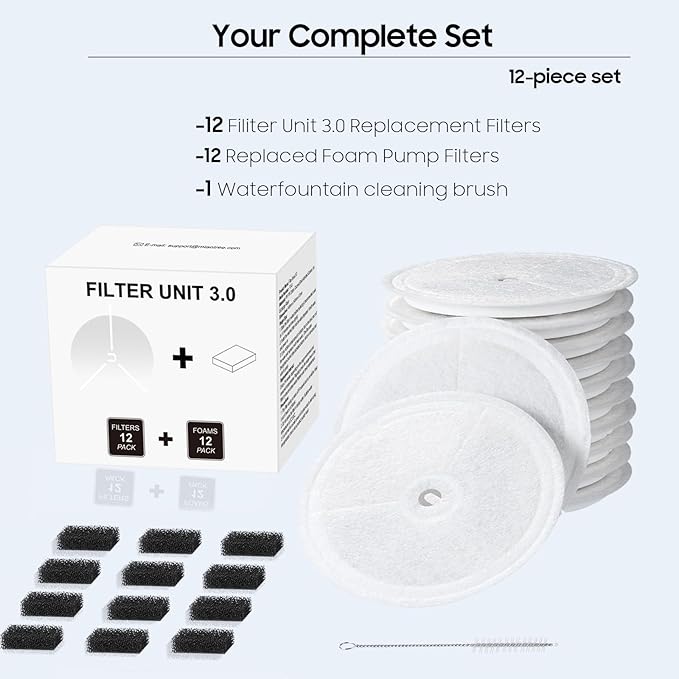 12 PCS Upgraded Filter Unit 3.0 Pet Cat Water Fountain Filters Fit For E versweet Solo 2/Solo SE, E versweet 3 Pro/2S/3, Including Replacement Filters and Replaced Foam Pump Filter (12 pcs)