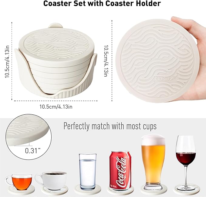 6-Pack Silicone Coasters with Deep Tray Holder - Double-Sided Drink Coasters - Beverage Mats for Hot or Cold Drinks - Thick, Non-Slip, Non-Stick Silicone with Ceramic Insert