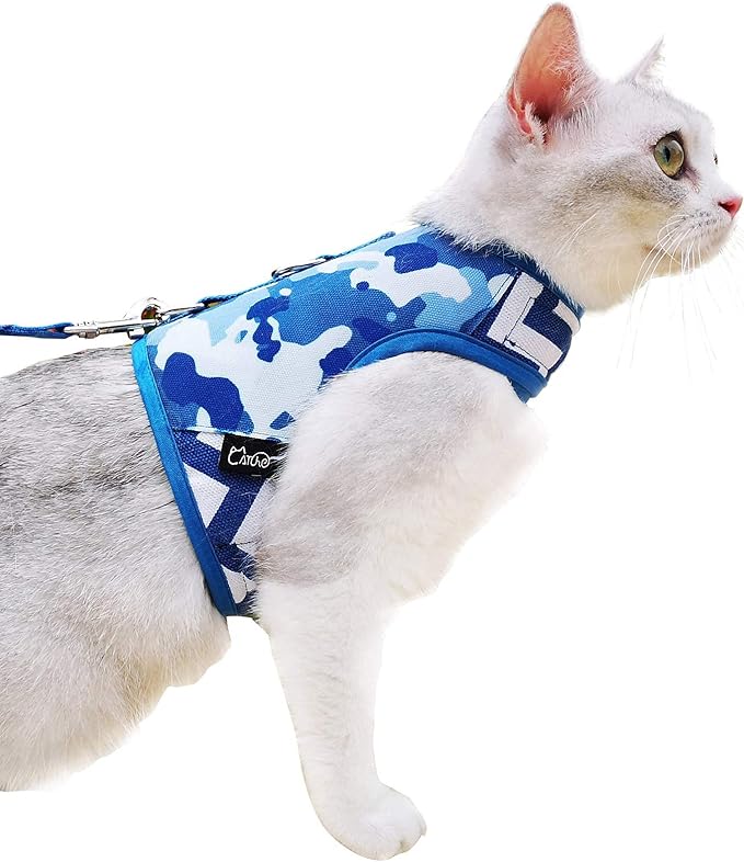 Cat Harness and Leash for Walking Escape Proof, Adjustable Cat Vest Harness, Padded Stylish Cat Walking Jackets, Blue Camo, X-Small