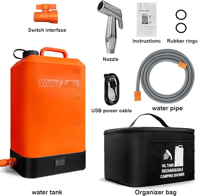 B. TAWD 4.5 Gallon Silicone Water Tank, Portable Camping Shower, USB Battery Charging, Solar Heating, with Shower Head, Electric Portable Outdoor Shower, Built-in Thermometer, Beach, Camping, Hiking