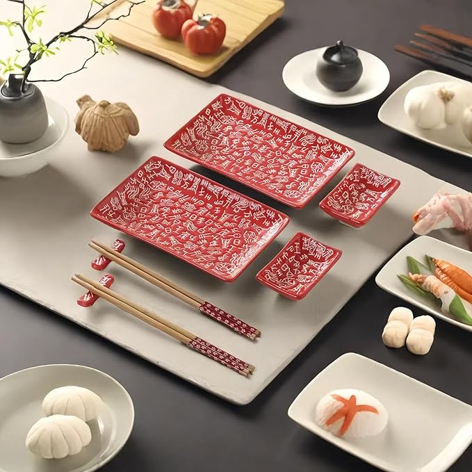 8 pcs Japanese Sushi Plate Sets Serving Platters and Trays for Entertaining Sushi Dishes Set Plates Sushi Plates Traditional Cuisine Dinnerware Sets with Chopsticks Hundred Family Names