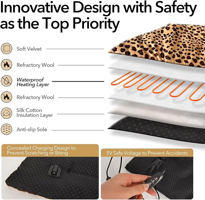 5V USB Heating Bed Mat for Cats Small Dogs, 3-Level Temperature Control, Hand Washable, Safe and Warm (Black & White Dots)