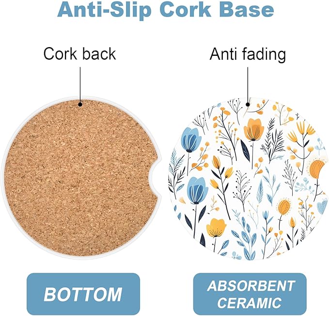 2 Pack Car Coaster, 2.63 inch Anti Slip Insert Absorbent Ceramic Coaster with Cork Base and Finger Notch, Cute Car Accessories Interior for Women
