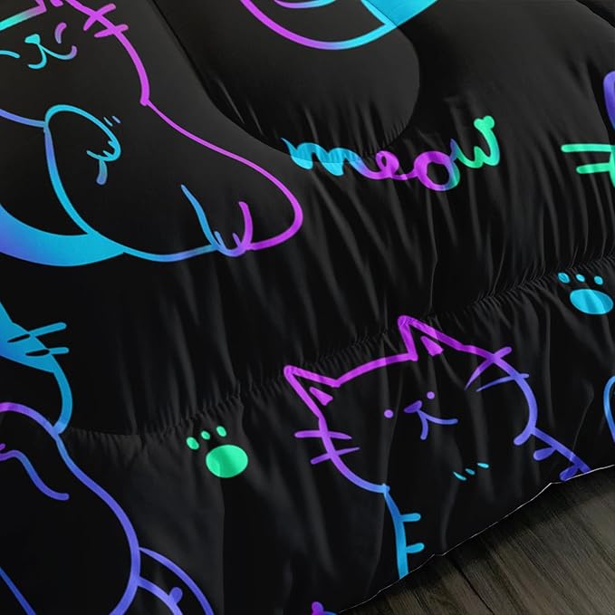 3D Neon Cat Kids Comforter Set,Gradient Line Cat Toddler Comforters Twin Size for Teens Kids Boys Girls Room Decoration,Black Kawaii Bedding Sets with 2 Pillowcases.