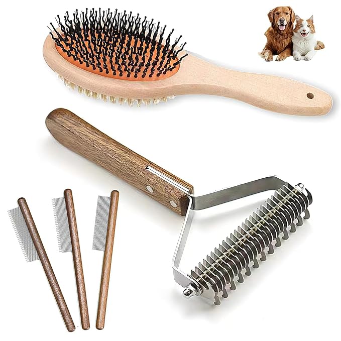 5-piece pet grooming set - solid wood hair removal brush with metal comb - hair removal comb, smoothing brush, and steel comb, used for combing and removing long and tangled hair on cats and dogs