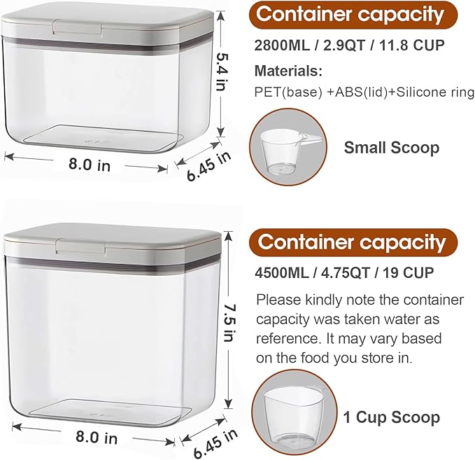 2 PCS Large Dog Treat Container Set with Automatic Flip-up Lids - 4.75 Qt+2.9 Qt Dog Food Storage Container Bins for Pet Treat Cat Food Bird Seed Rice Flour Sugar Storage