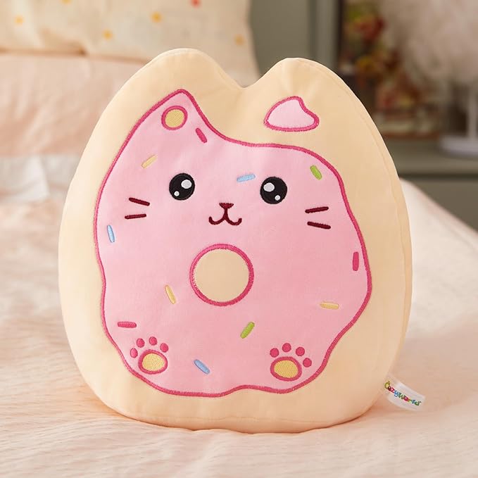 12" Sprinkle Donut Plush Pillow, Pink Cat Plush Kitten Stuffed Animal Squishy Plush Toy Cat Throw Pillow Donut Party Supplies Decorations for Kids Girls