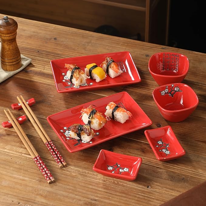 8 pcs Japanese Sushi Plate Sets Serving Platters and Trays for Entertaining Sushi Dishes Set Plates Sushi Plates Traditional Cuisine Dinnerware Sets with Chopsticks Red Plum