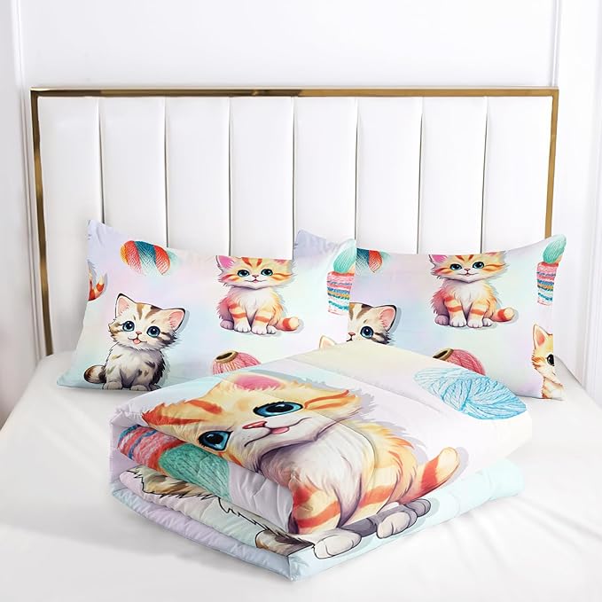 AILONEN Cute Cat Kitten Comforter Set Full Size, Kids Girls Soft Microfiber Bedding Set for Bedroom,Colorful Watercolor Cat Comforter with 2 Pillowcases,3-Piece