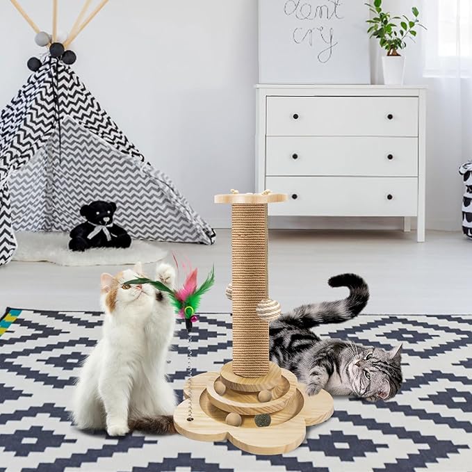 Wood Cat Scratching Posts, Cat Tree Scratching Post with Cat Interactive Toy, Easy Installation Cat Tower for Small Cat (18In)