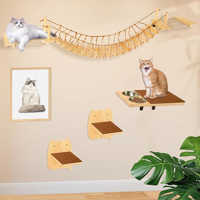 Calmbee Cat Wall Shelves, Cat Wall Furniture 70" Cat Bridge Wall Mount Cat Perch Wooden Hammock Cat Tree Cat Climber Cat Cloud Shelf Board Cats Bed