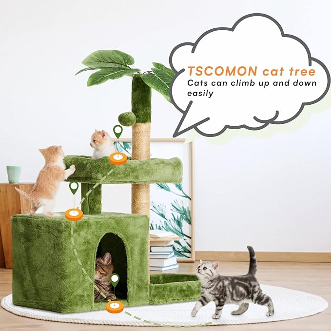 31.5" Cat Tree/Tower for Indoor Cats with Green Leaves, Cat Condo Cozy Plush Cat House with Hang Ball and Leaf Shape Design, Cat Furniture Pet House with Cat Scratching Posts, Green