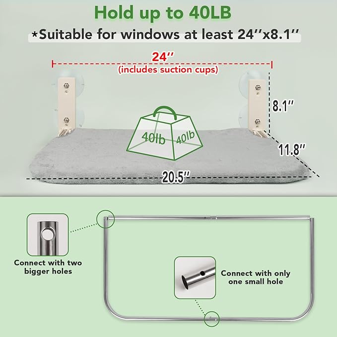 Cordless Foldable Cat Window Perch, Cat Hammock Update Secure Hold with 4 Cone Shape Suction Cups and 2 Sturdy Larger Base,Glass Windows Hammock for Cats Inside (Grey Medium)