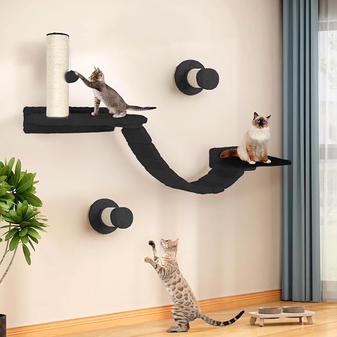 Cat Wall Shelves - 7 Pcs Luxury Wall-Mounted Cat Furniture, Including 2 Cat Wall Shelves 2 Solid Wood Steps 1 Cat Bridge Ladder 1 Sisal Cat Scratcher Post 1 Hanging Ball for Large Cats (Grey)